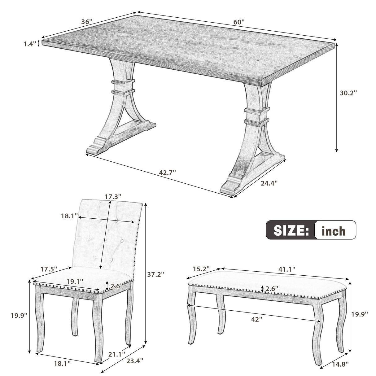 Dining Set With Bench, 6 Piece