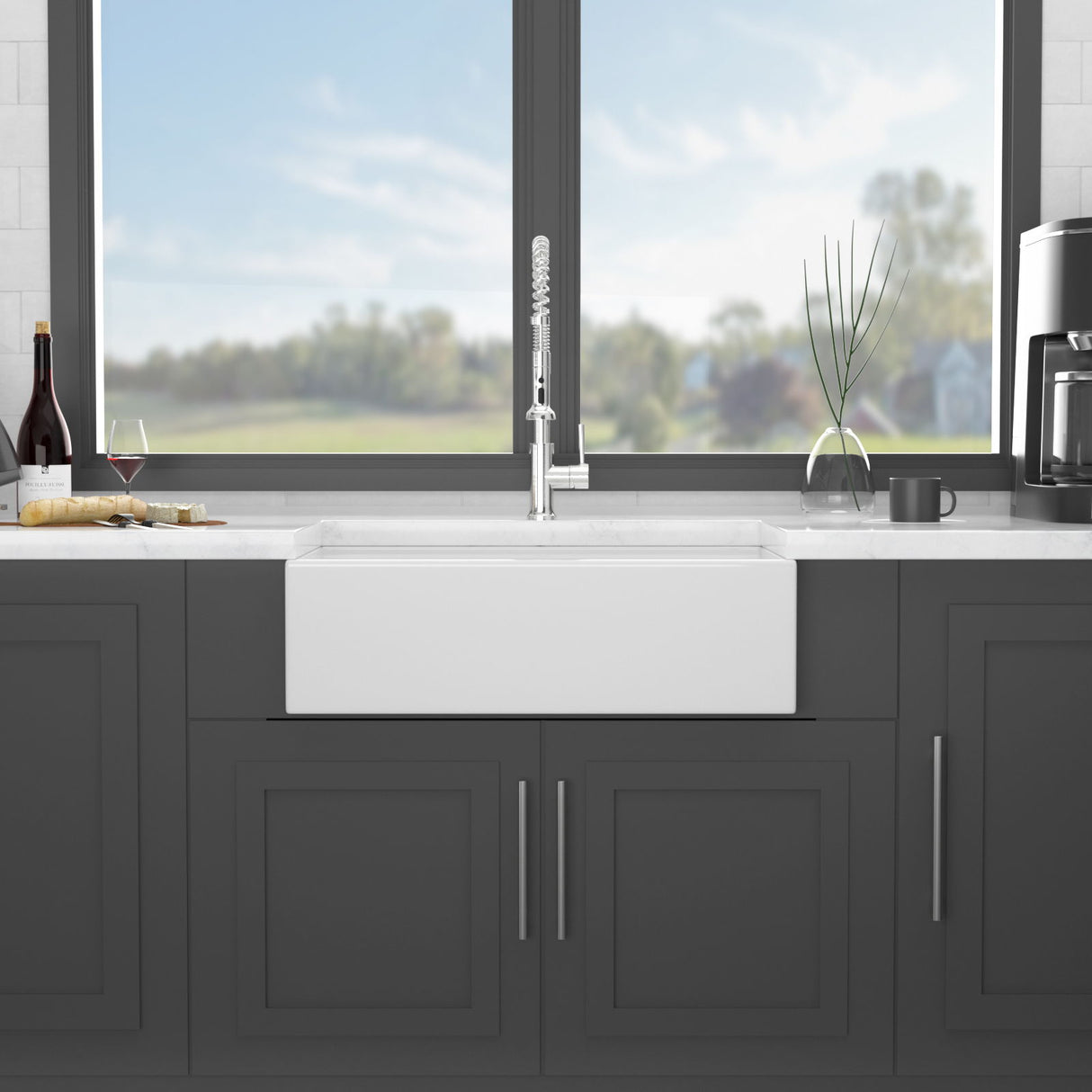 Farmhouse Sink Workstation 33" Ceramic Double Bowl Kitchen Sink With Ledges - White