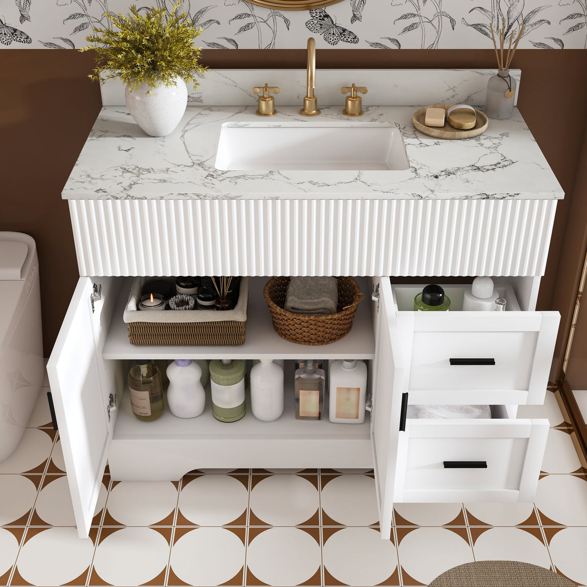 Bathroom Vanity Set, Fluted Cabinet, Soft Close Doors & Drawers, 3 Faucet Holes, Sink Included - White