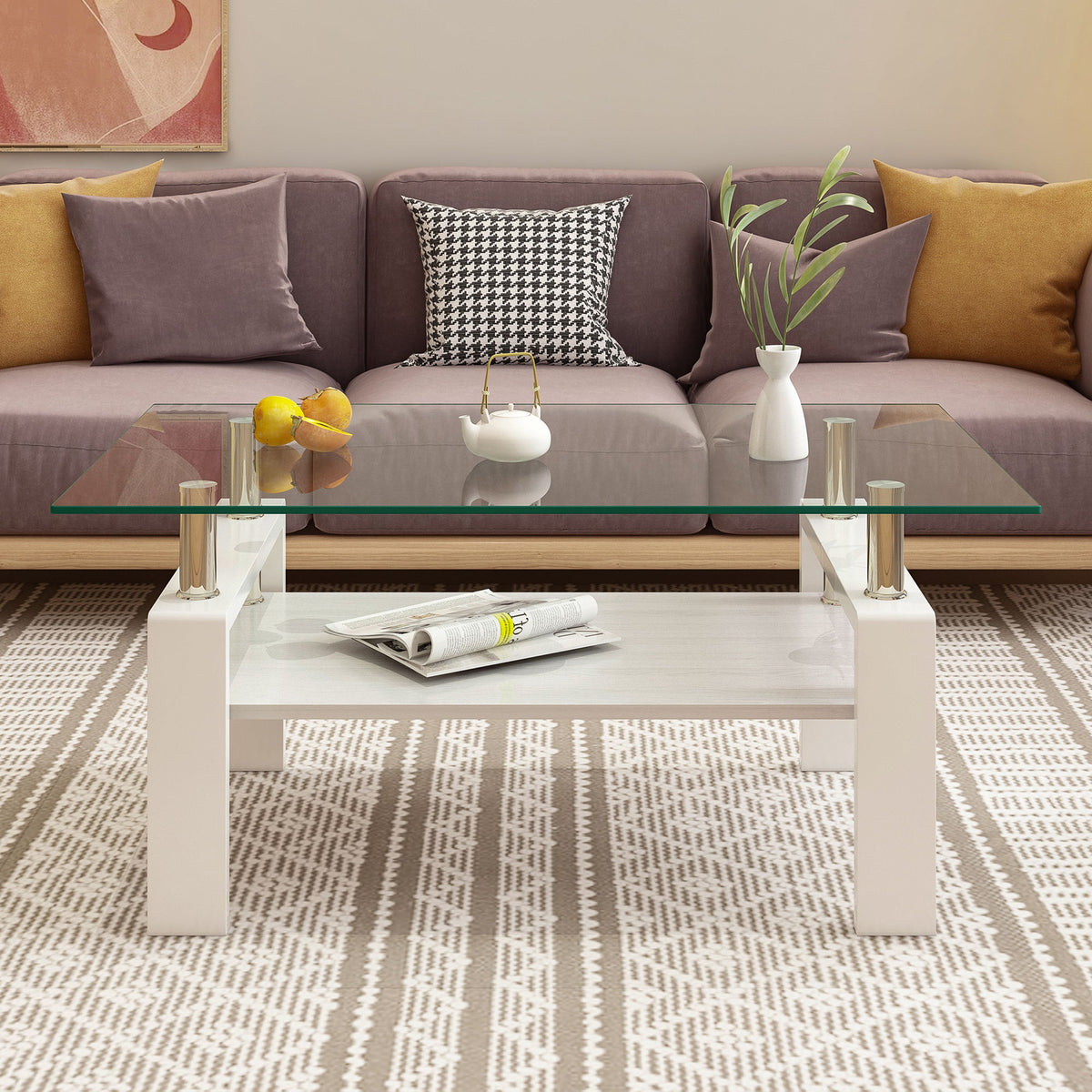 Modern Rectangular Coffee Table With Tempered Transparent Glass Top And Storage Shelf