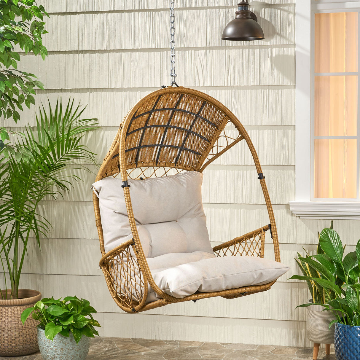 Malia - Outdoor / Indoor Wicker Hanging Chair With Cushion - Brown / Beige
