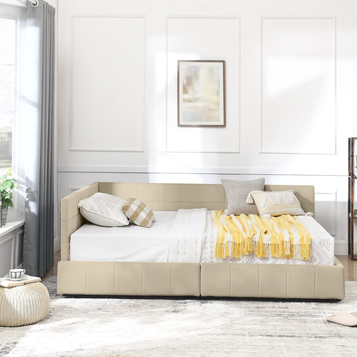 Mid-Century Storage Upholstered Tufted Bed Frame With Backrest And Armrests