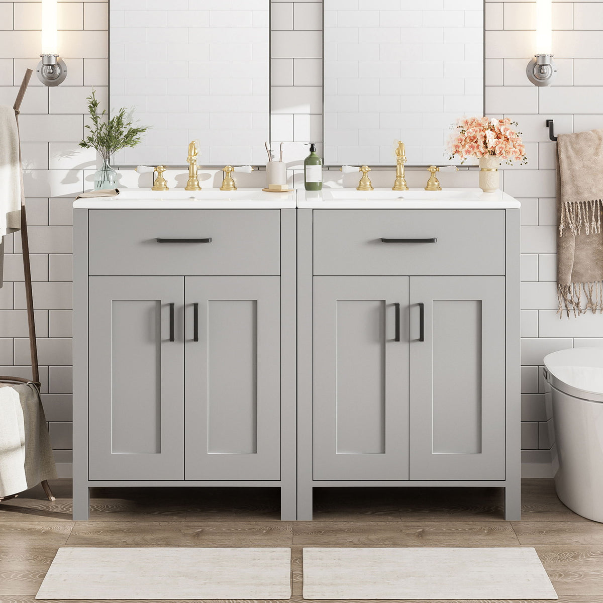 Bathroom Vanity With Ceramic Sink, Soft Close Doors, Flip Drawer, Double Layer Door Shelves