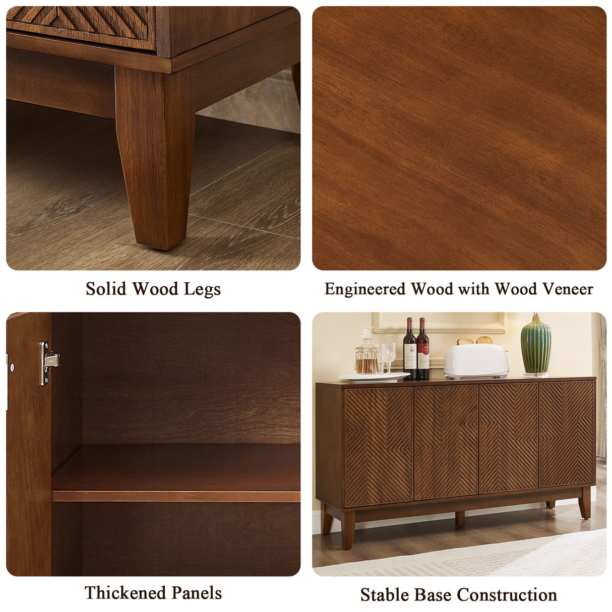 TV Stand With Carved Geometric Doors Storage Cabinet, 4 Door Media Console For Living Room - Walnut