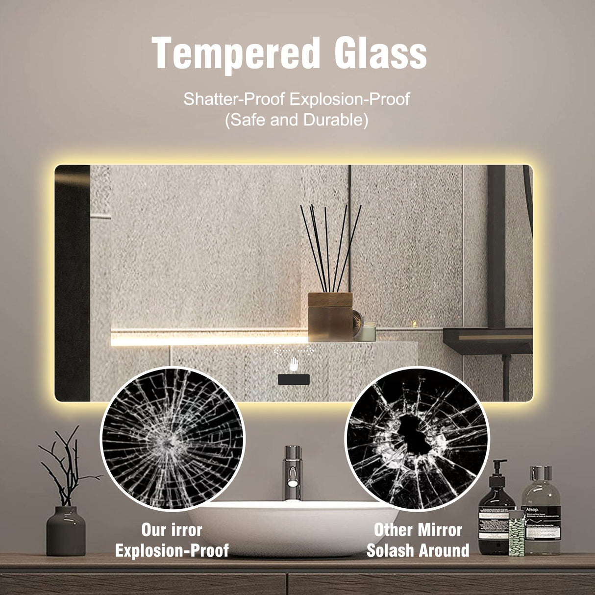 Frameless Bathroom Mirror With Light, LED Backlit, Tri Color Dimming, Anti Fog, Smart Sensor - Silver