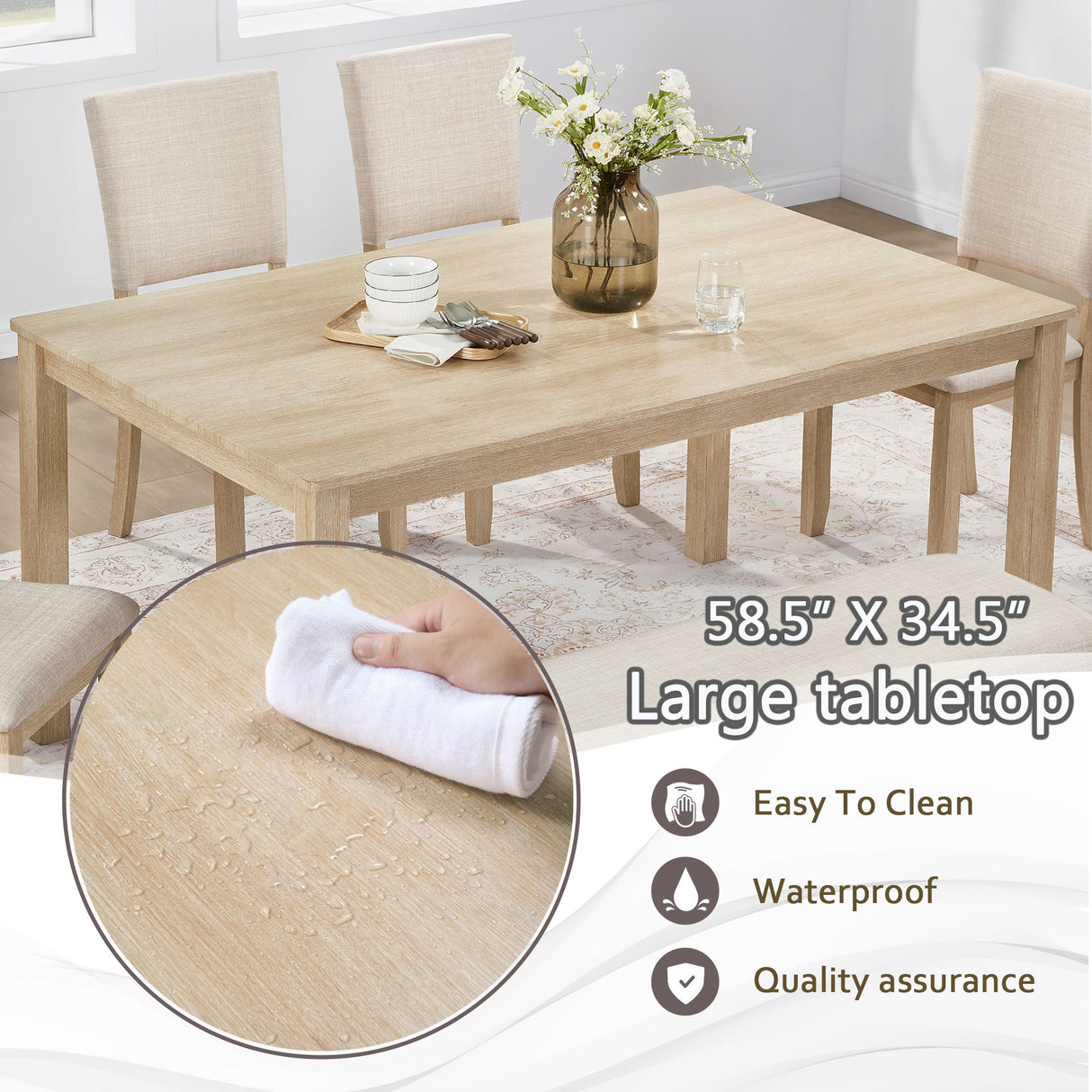 6 Piece Dining Table Set With Bench - Beige / Light Oak