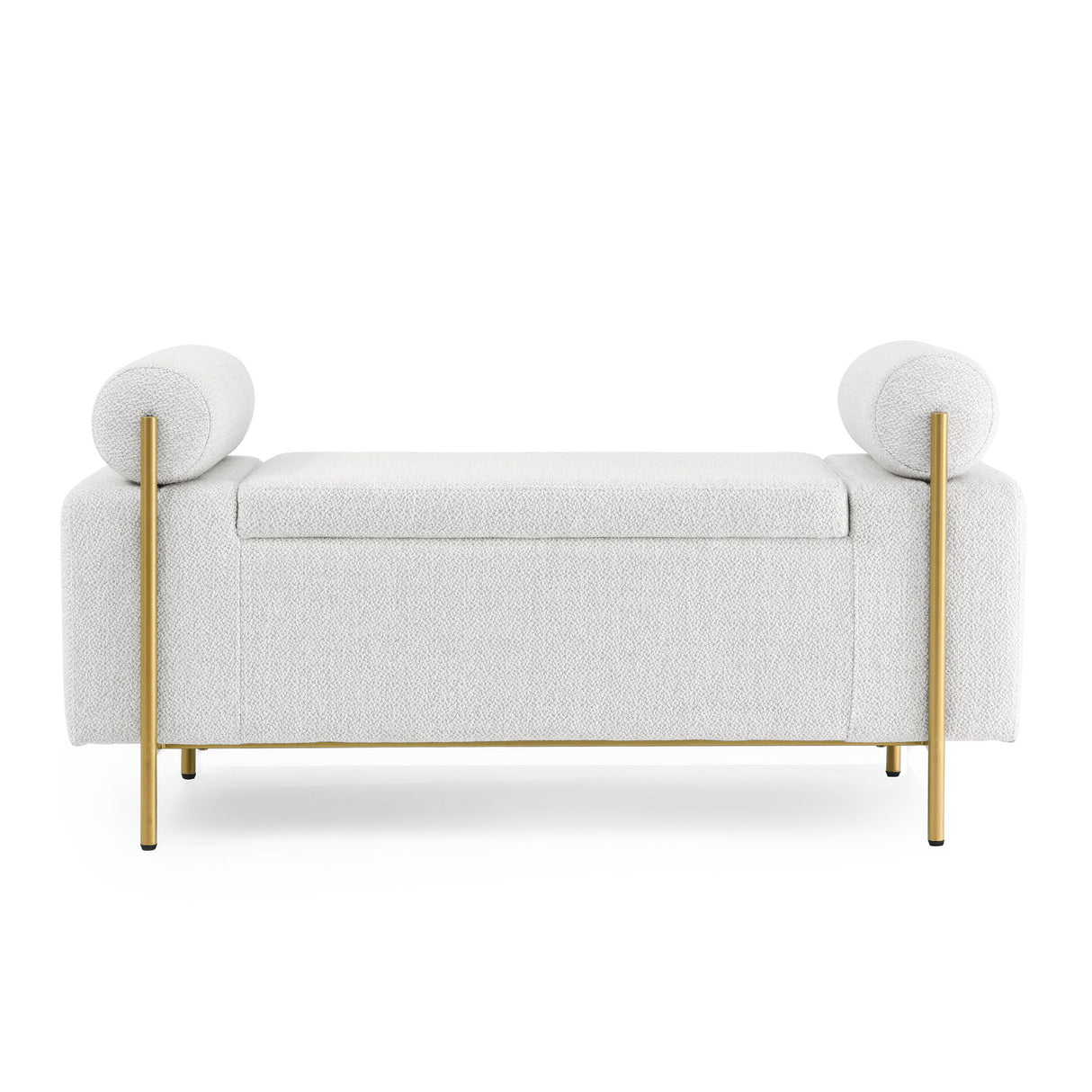 Elegant Upholstered Storage Bench With Cylindrical Arms And Iron Legs,