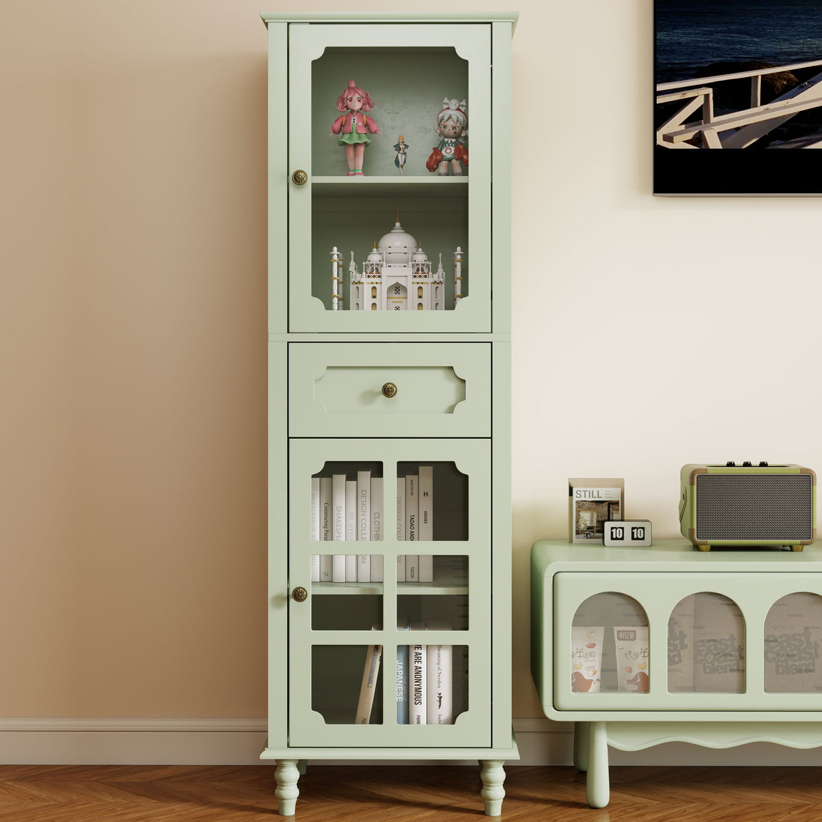 Curio Cabinet, Freestanding Vintage Display Storage Cabinet, Adjustable Shelves - Green