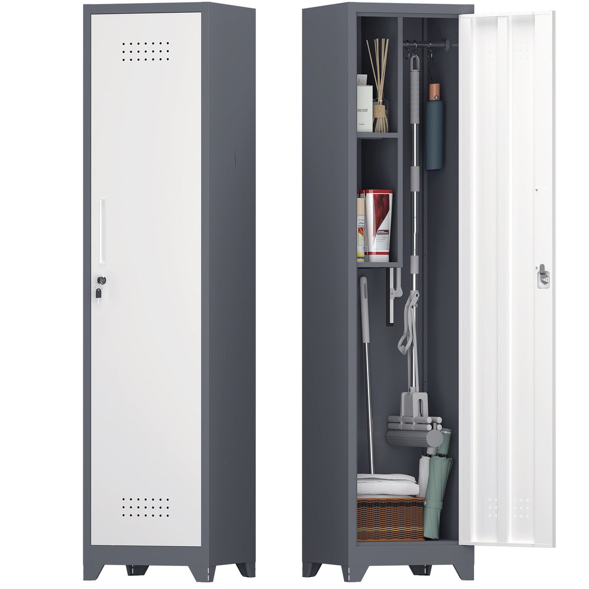Broom Storage Cabinet, 65" Narrow Slim Utility With Hooks And Shelves, Heavy-Duty Construction - White