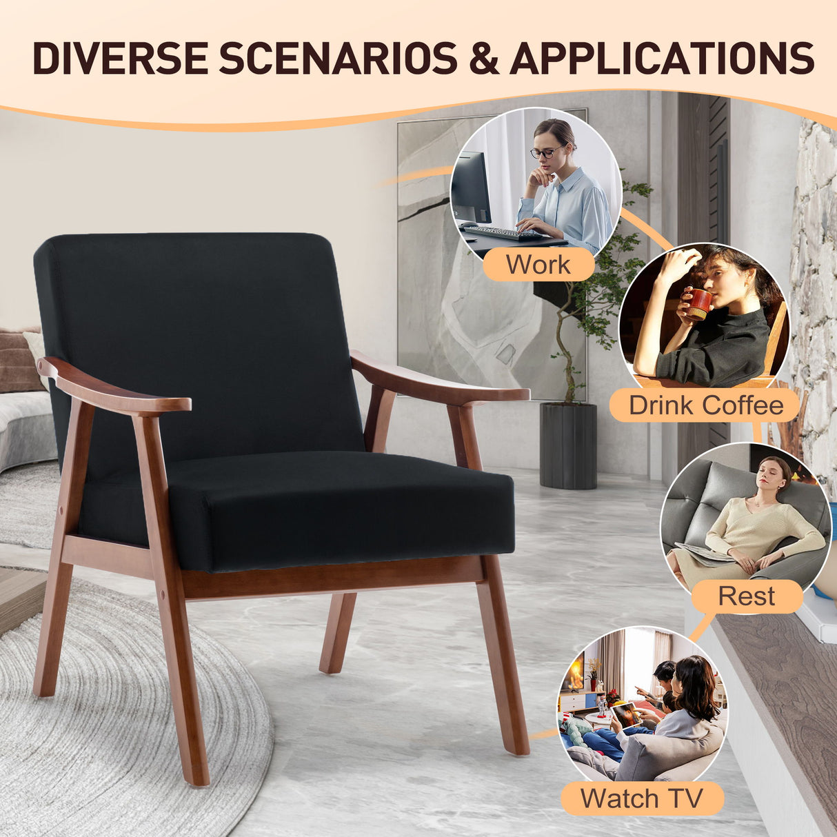 Mid Century Modern Accent Chair With Solid Wood Frame And Extra Thick Backrest