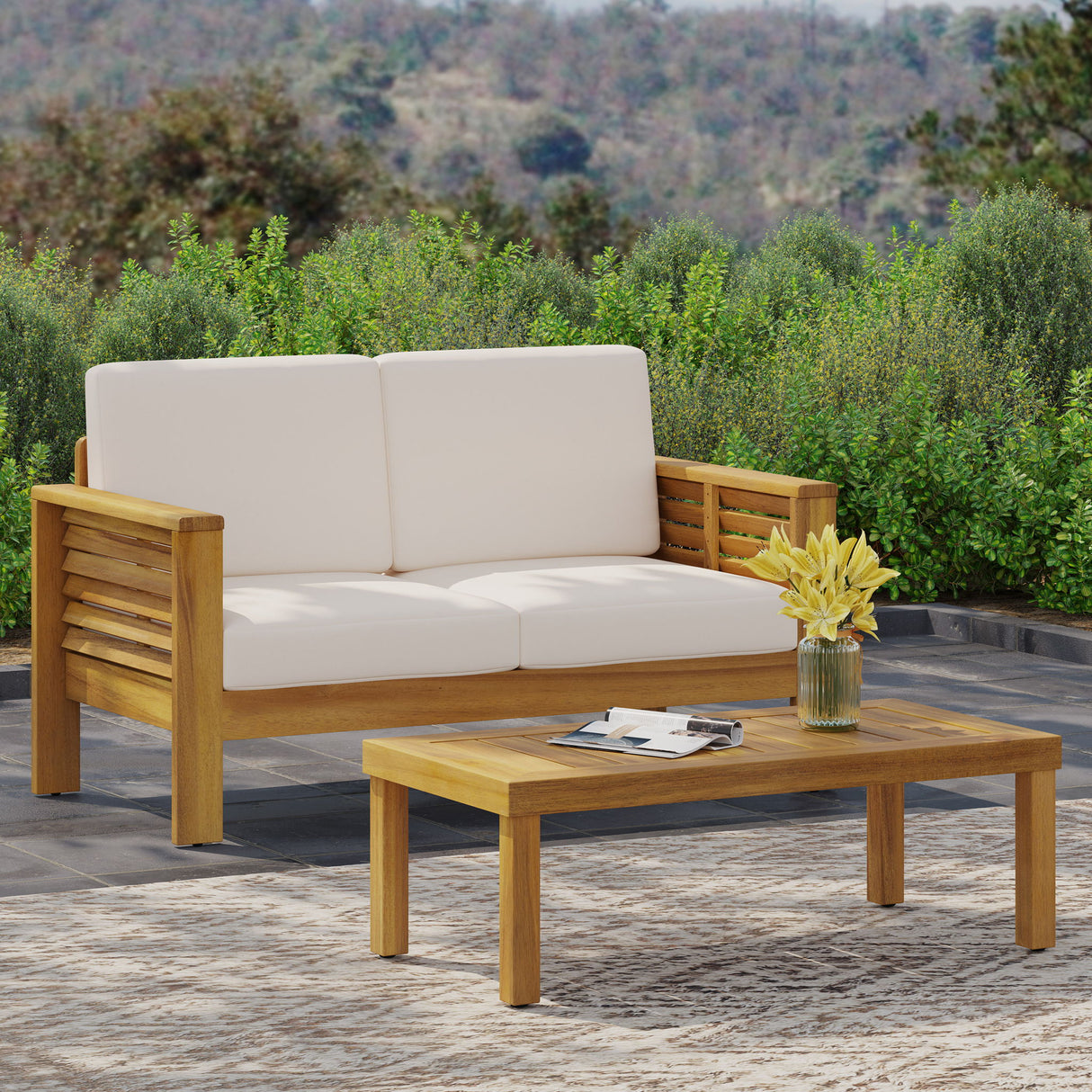 Acacia Wood Loveseat And Coffee Table Set With Cushions