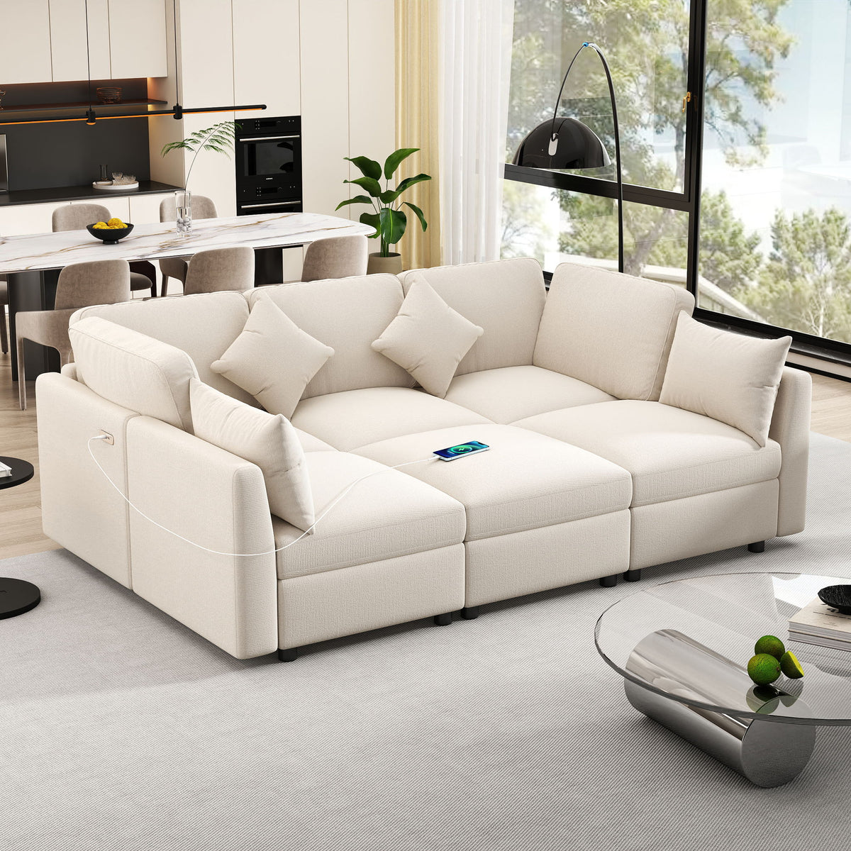 Sectional Sofa Modular U-Shaped With Ottoman & USB Ports