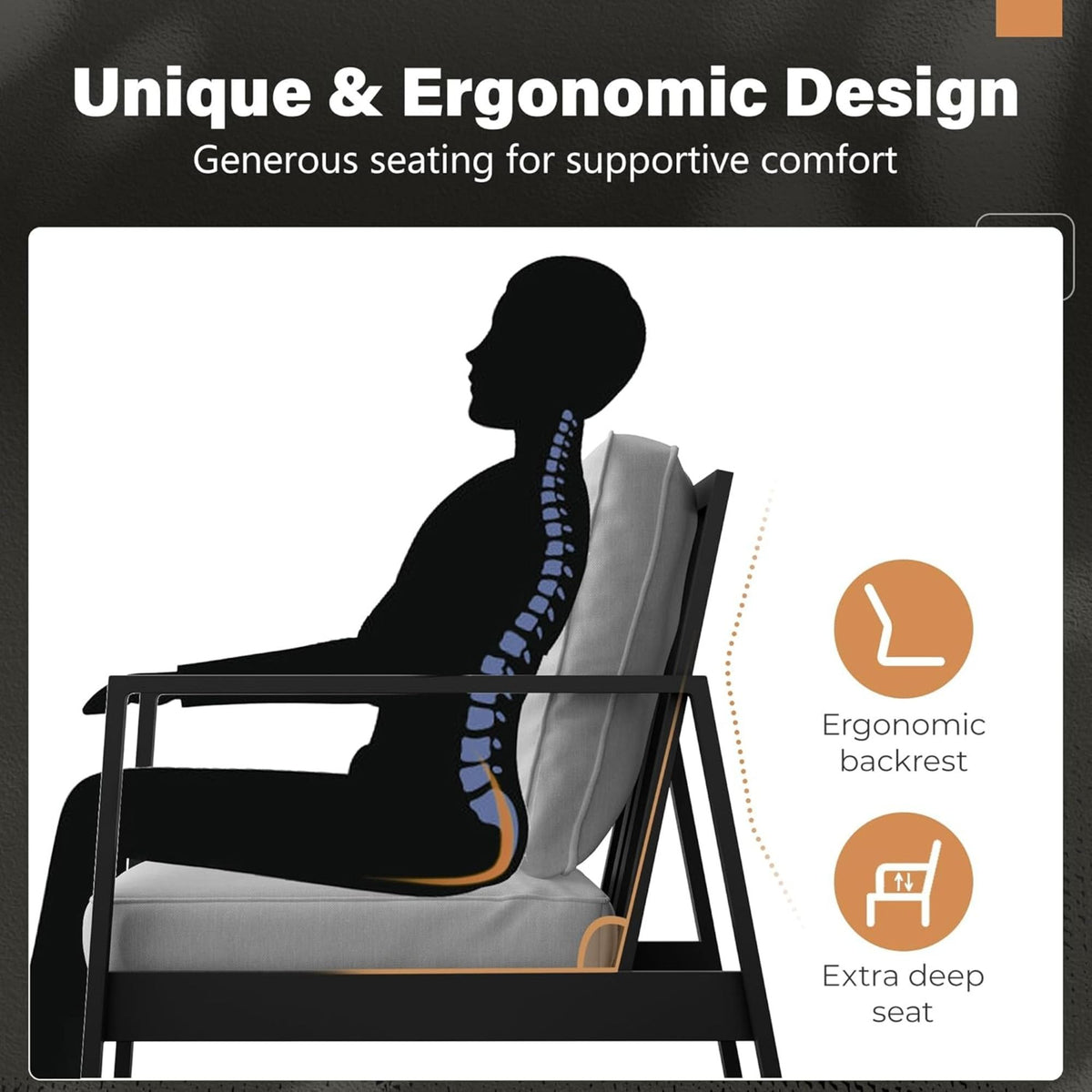 All Weather Patio Armchairs & Thick Cushions (Set of 2) - Black / Gray