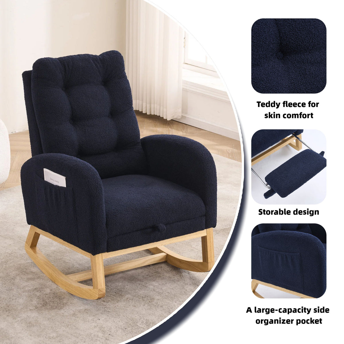 Ly-5104 - Accent Rocking Chair With Footrest & Storage Pocket For Living Room - Blue