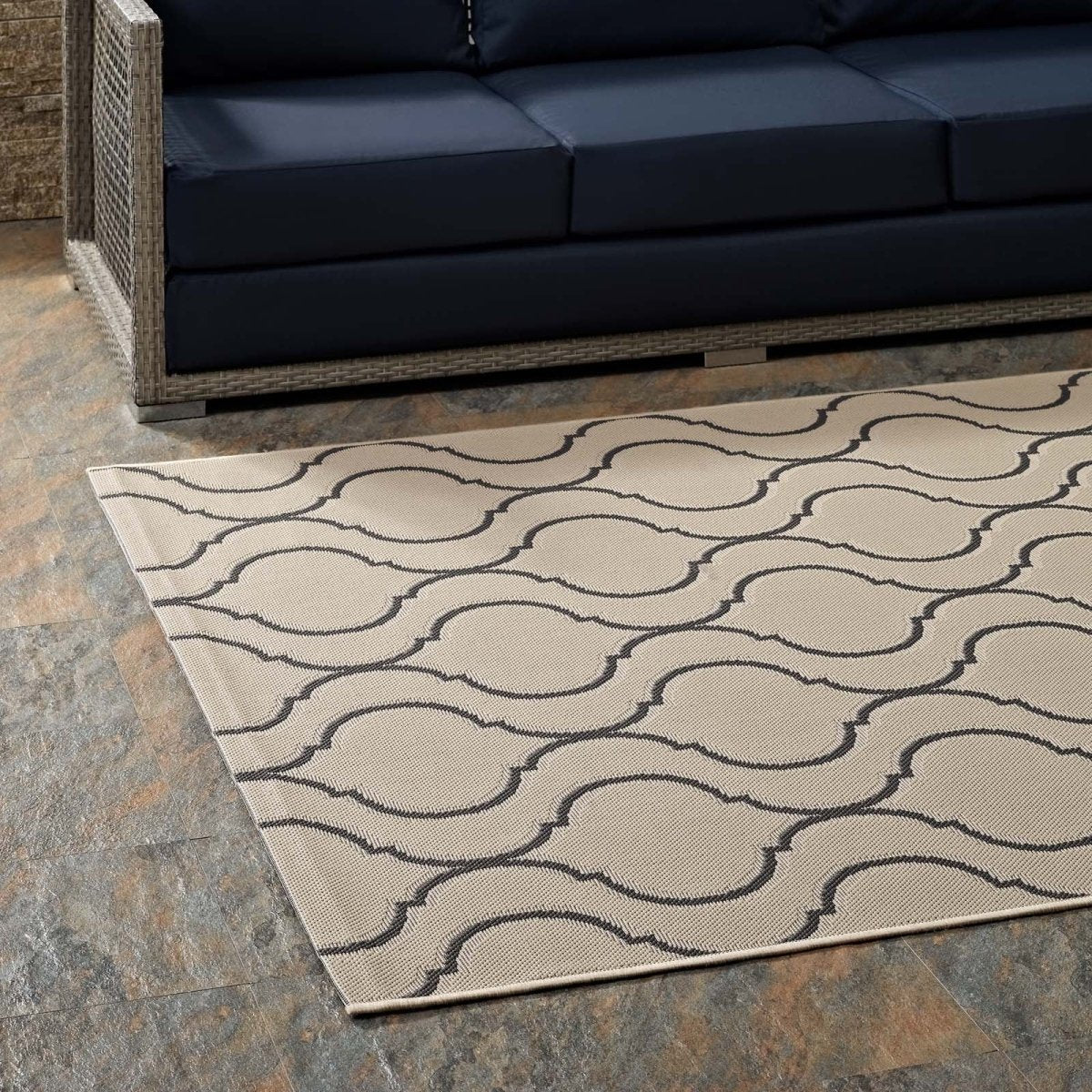 5x8 Beige and Gray Wave Abstract Trellis Polypropylene Indoor Outdoor Area Rug - Mats and Rugs - Alpine Outlets