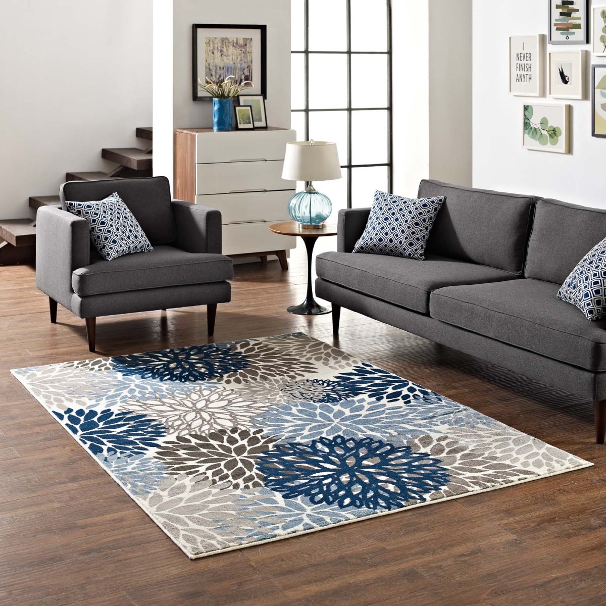5x8 Blue Brown Beige Vintage Abstract Floral Polypropylene Area Rug - Mats and Rugs - Alpine Outlets