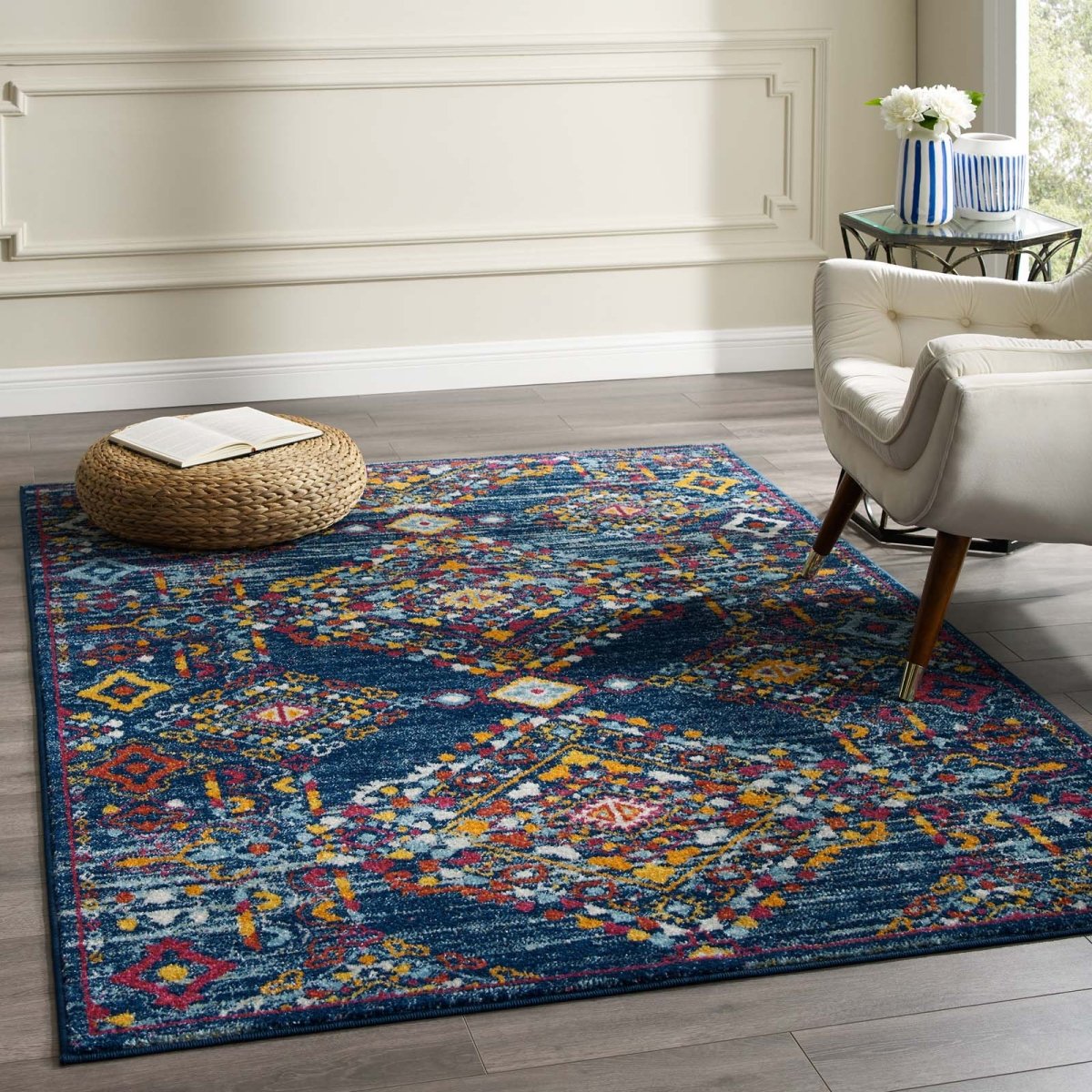5x8 Blue Orange Yellow Red Distressed Floral Lattice Polypropylene Area Rug - Mats and Rugs - Alpine Outlets