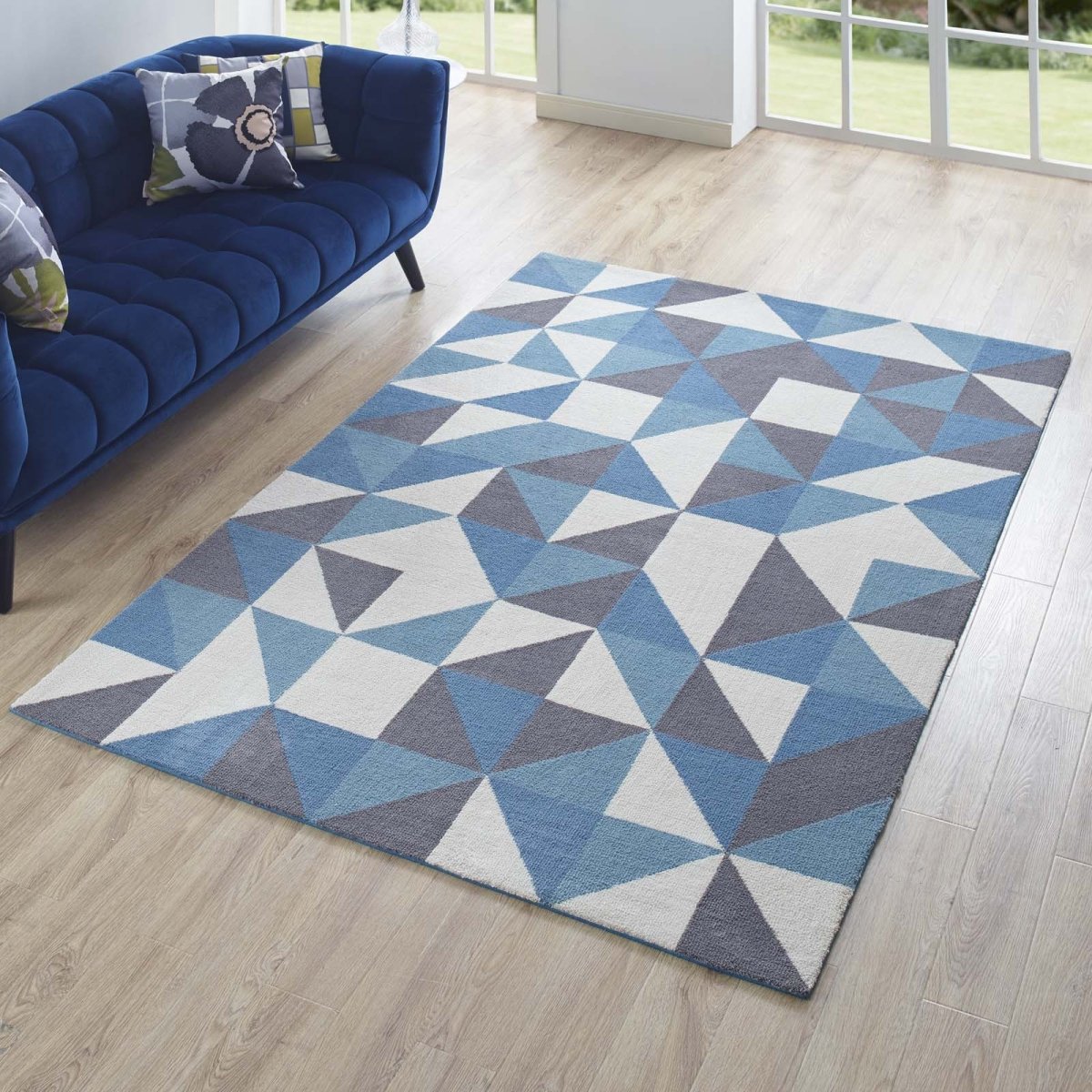 5x8 Blue White and Gray Geometric Triangle Mosaic Polyester Area Rug - Mats and Rugs - Alpine Outlets