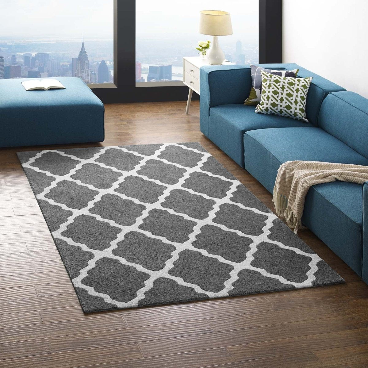 5x8 Charcoal and Ivory Moroccan Trellis Polyester Area Rug - Mats and Rugs - Alpine Outlets