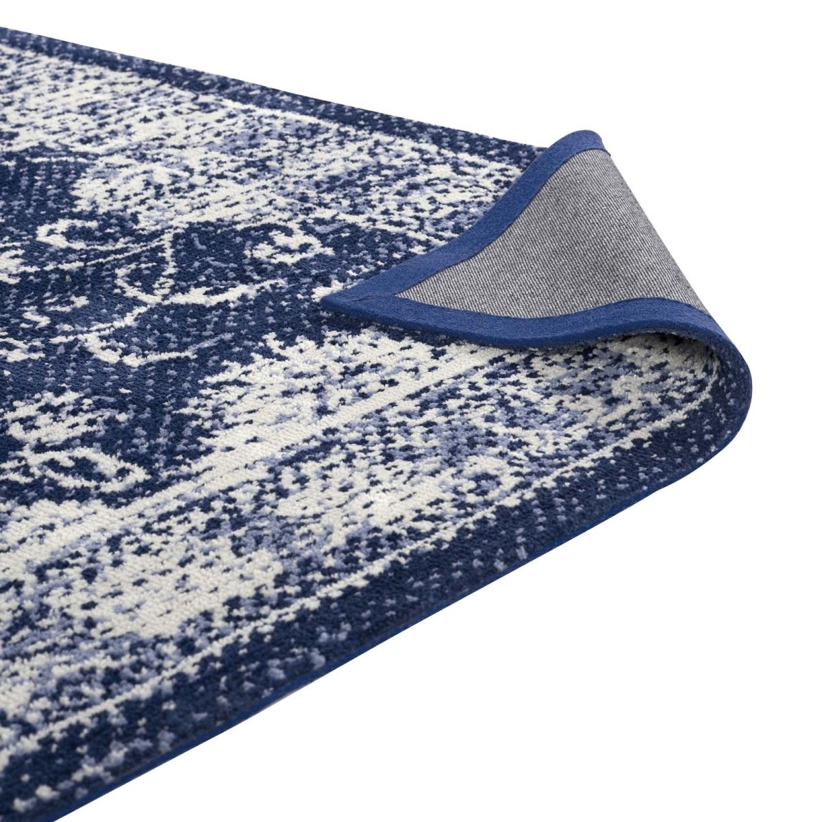 5x8 Dark Blue and Ivory Distressed Floral Lattice Polyester Area Rug - Mats and Rugs - Alpine Outlets