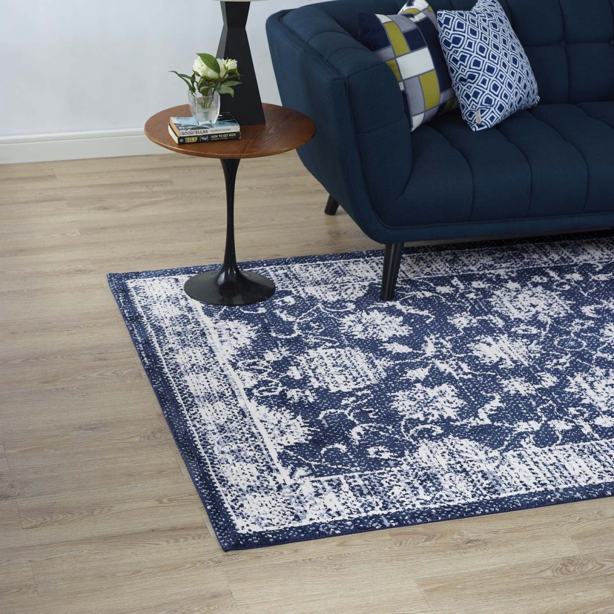 5x8 Dark Blue and Ivory Distressed Floral Lattice Polyester Area Rug - Mats and Rugs - Alpine Outlets