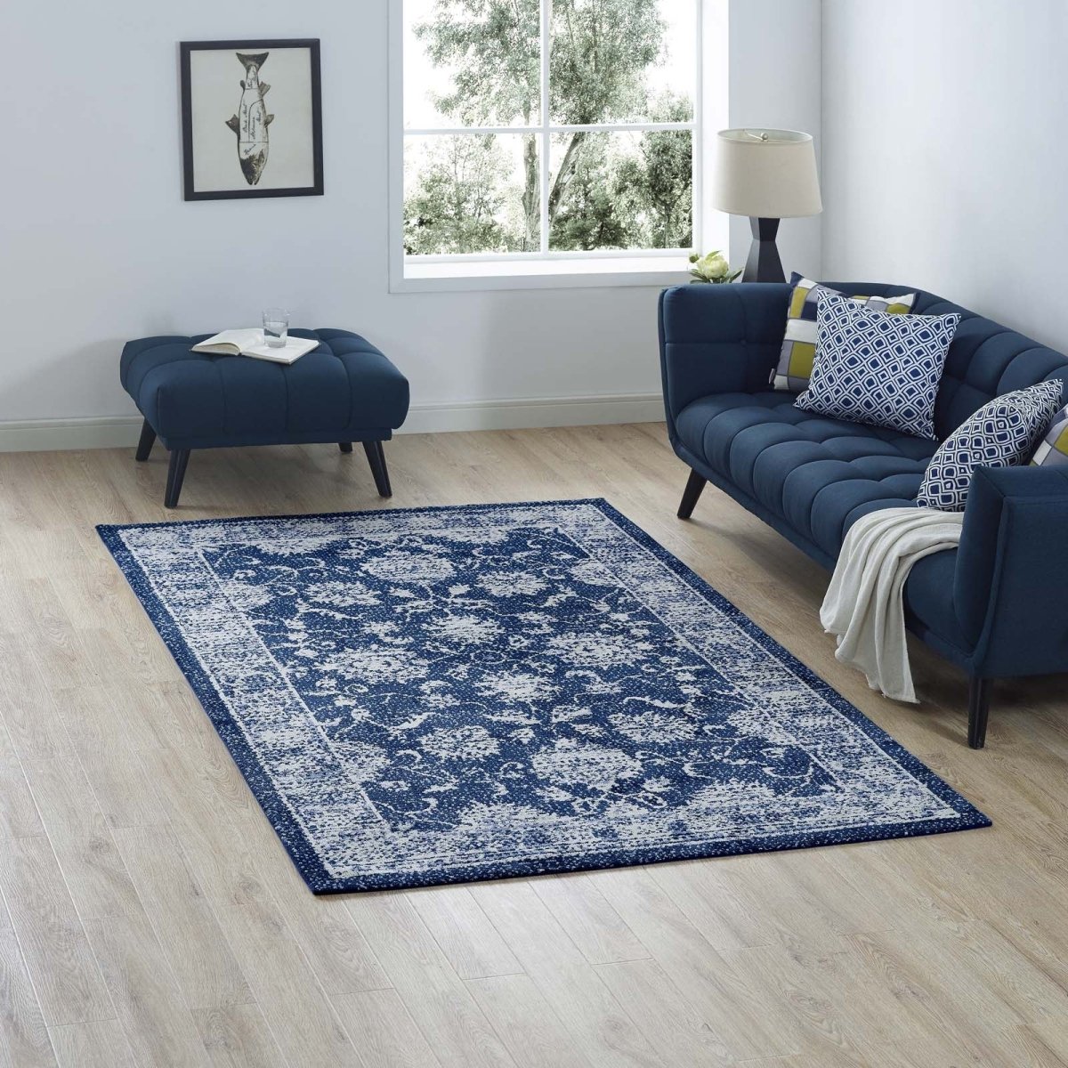 5x8 Dark Blue and Ivory Distressed Floral Lattice Polyester Area Rug - Mats and Rugs - Alpine Outlets