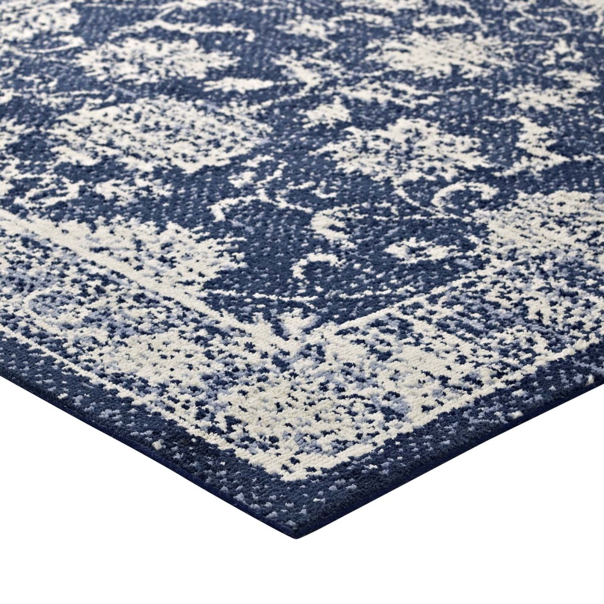 5x8 Dark Blue and Ivory Distressed Floral Lattice Polyester Area Rug - Mats and Rugs - Alpine Outlets
