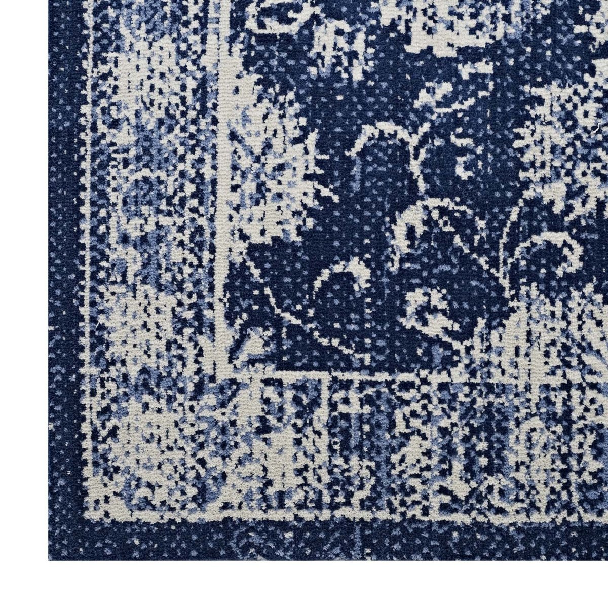 5x8 Dark Blue and Ivory Distressed Floral Lattice Polyester Area Rug - Mats and Rugs - Alpine Outlets