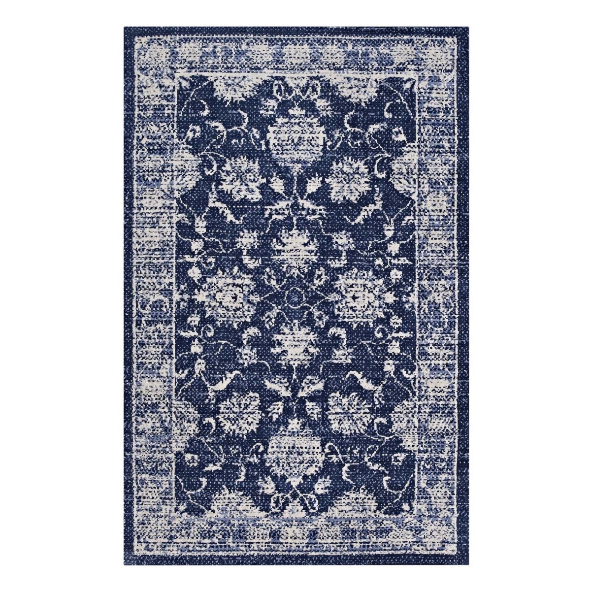 5x8 Dark Blue and Ivory Distressed Floral Lattice Polyester Area Rug - Mats and Rugs - Alpine Outlets