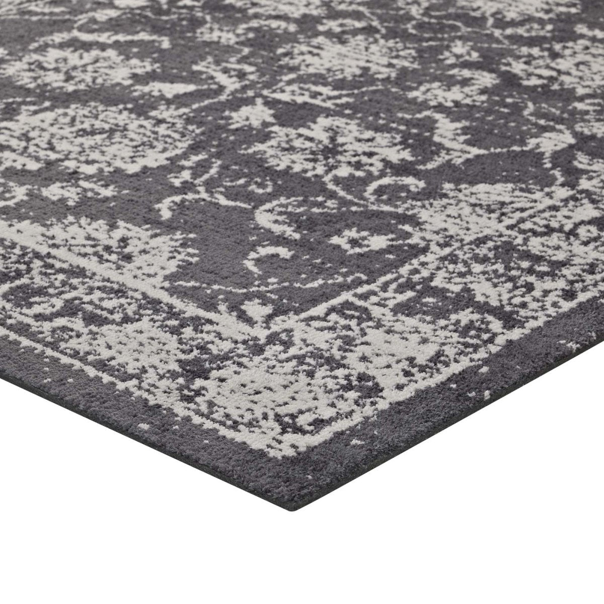 5x8 Dark Gray and Ivory Distressed Floral Lattice Polyester Area Rug - Mats and Rugs - Alpine Outlets