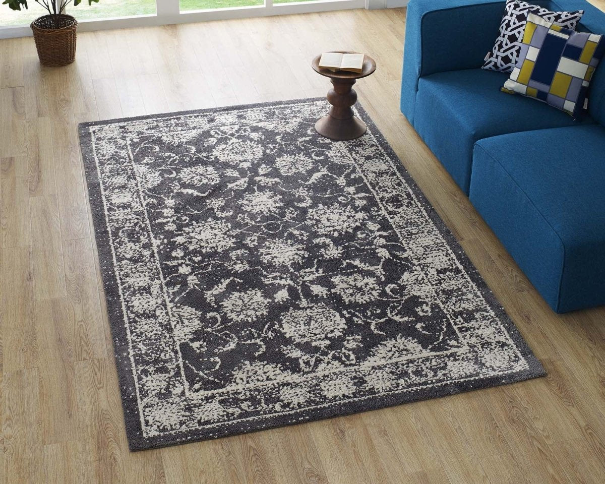 5x8 Dark Gray and Ivory Distressed Floral Lattice Polyester Area Rug - Mats and Rugs - Alpine Outlets