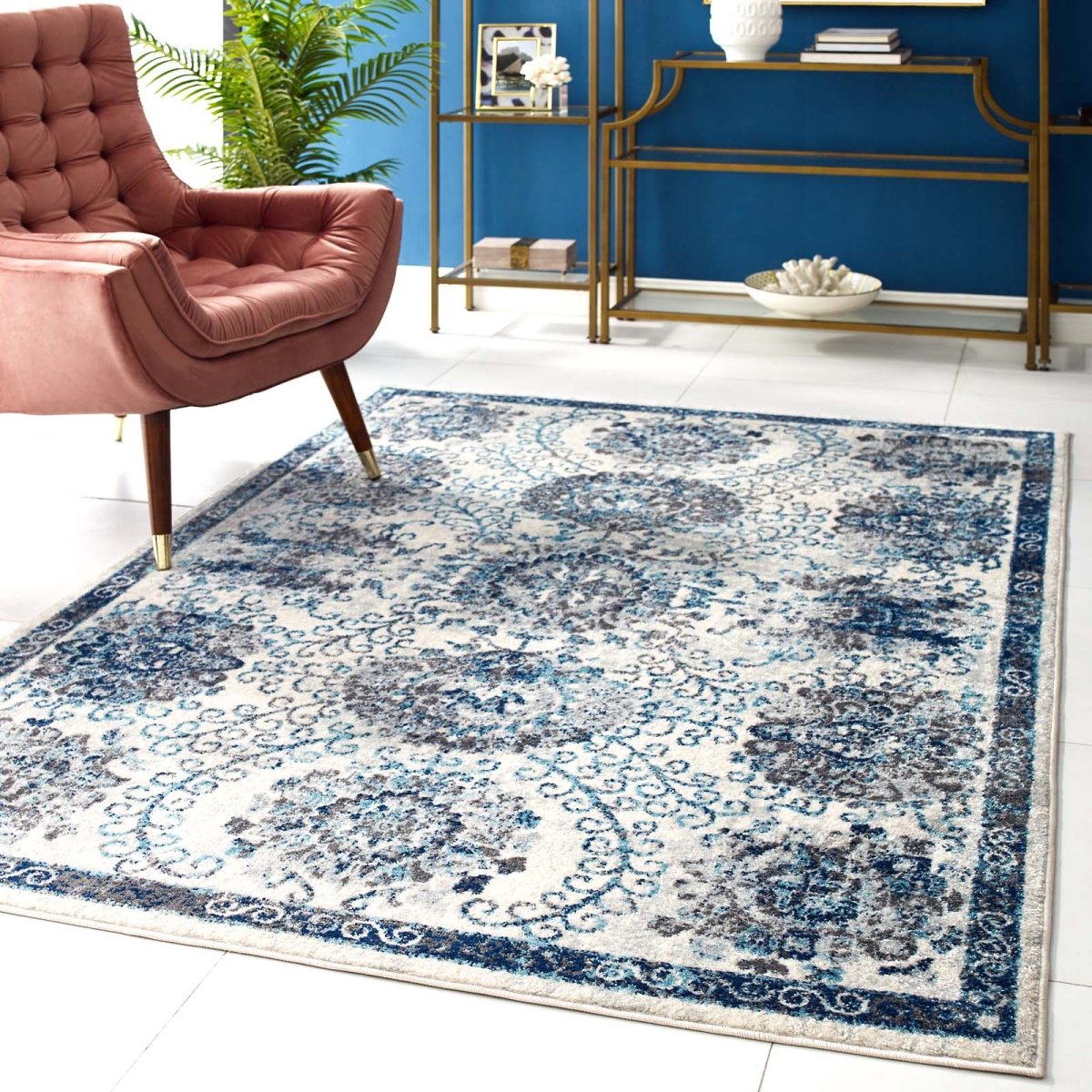5x8 Ivory and Blue Distressed Floral Moroccan Trellis Area Rug - Mats and Rugs available at Alpine Outlets in Denver