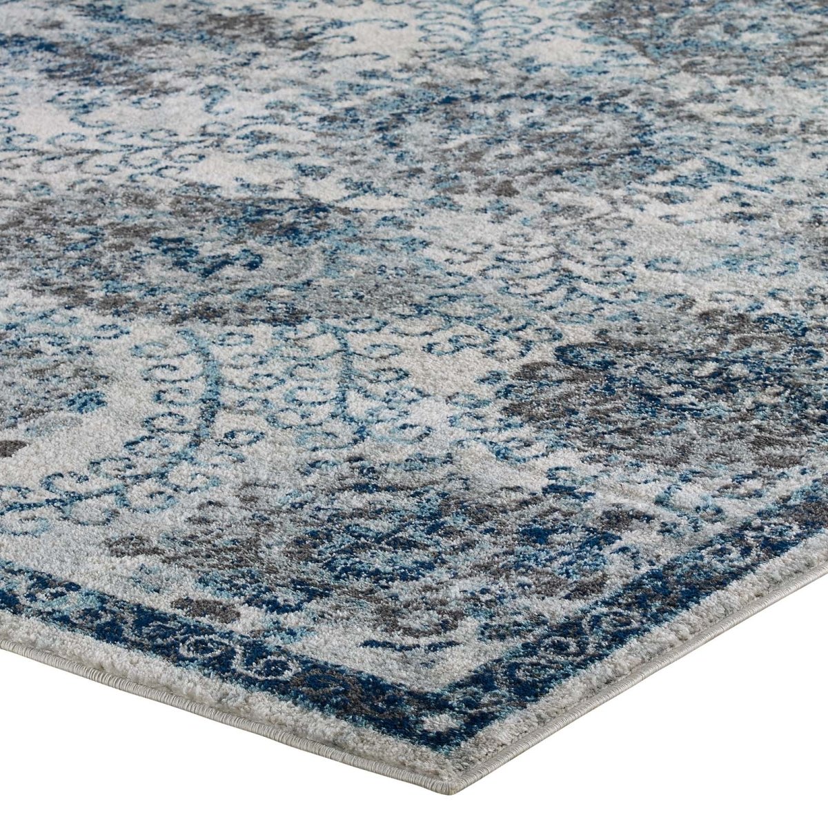 5x8 Ivory and Blue Distressed Floral Moroccan Trellis Area Rug - Mats and Rugs - Alpine Outlets