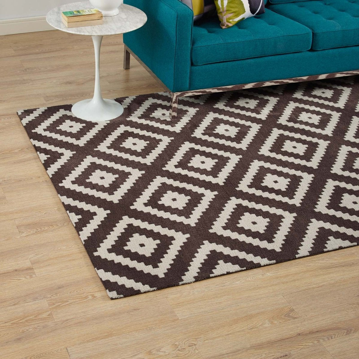 5x8 Ivory and Brown Abstract Diamond Trellis Polyester Area Rug - Mats and Rugs - Alpine Outlets