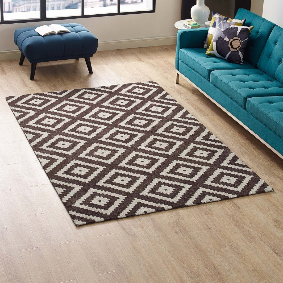 5x8 Ivory and Brown Abstract Diamond Trellis Polyester Area Rug - Mats and Rugs - Alpine Outlets