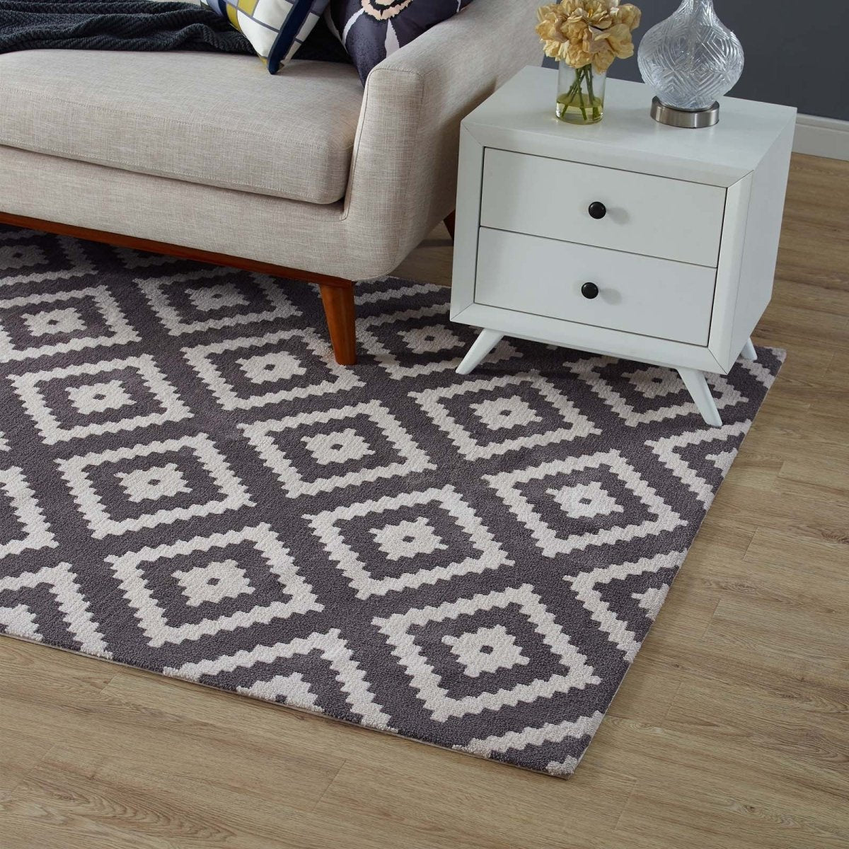 5x8 Ivory and Charcoal Abstract Diamond Trellis Polyester Area Rug - Mats and Rugs - Alpine Outlets