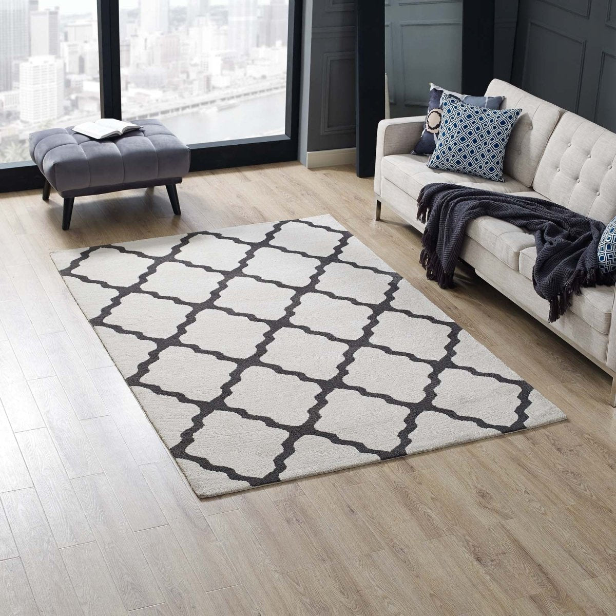 5x8 Ivory and Charcoal Moroccan Trellis Polyester Area Rug - Mats and Rugs - Alpine Outlets