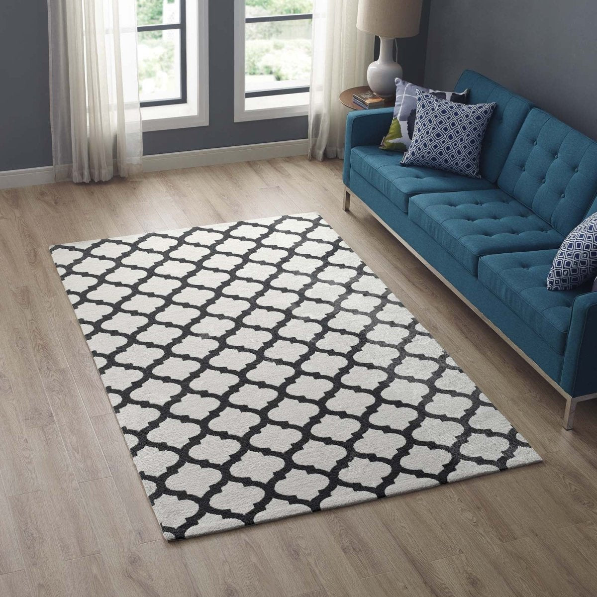 5x8 Ivory and Charcoal Moroccan Trellis Polyester Area Rug - Mats and Rugs - Alpine Outlets