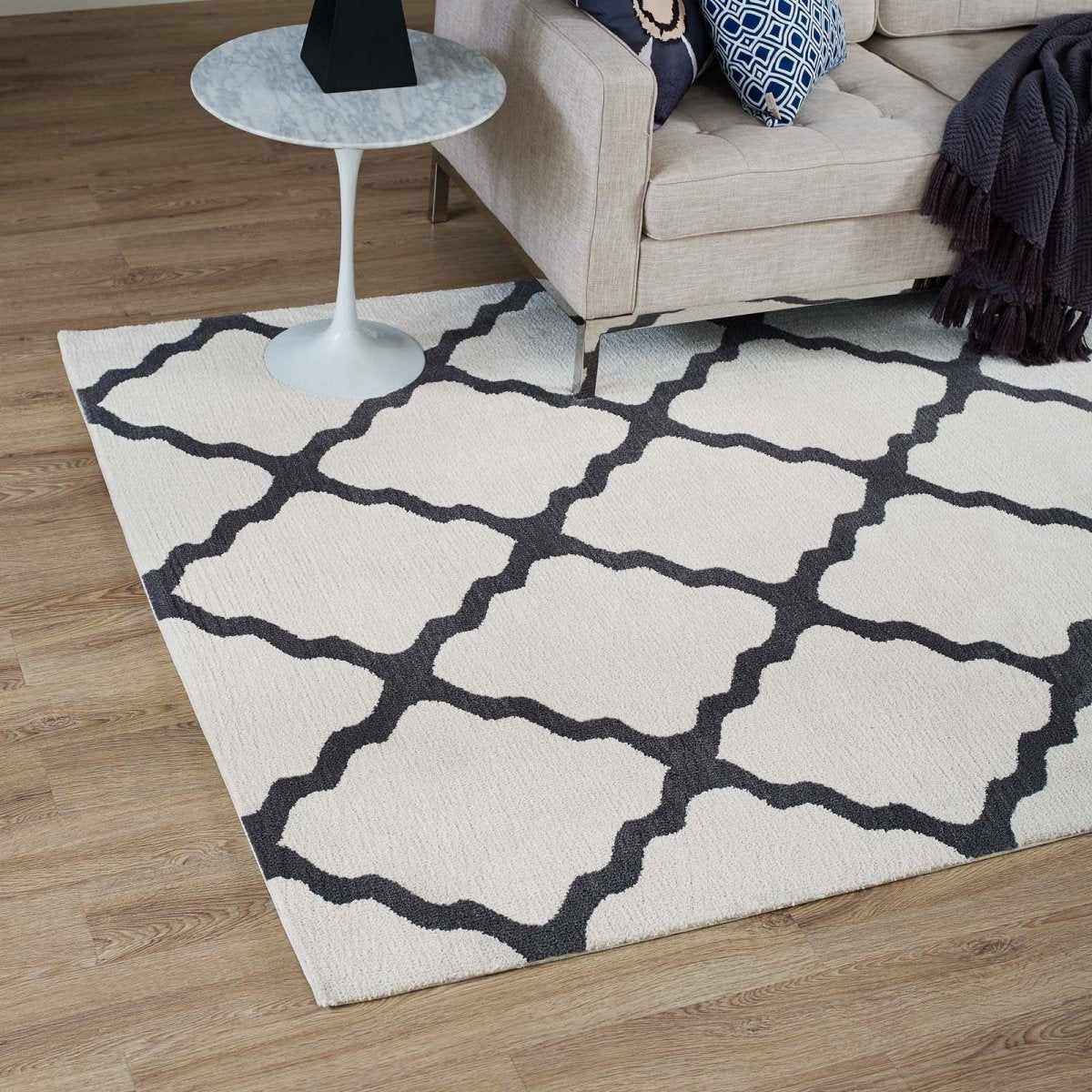 5x8 Ivory and Charcoal Moroccan Trellis Polyester Area Rug - Mats and Rugs - Alpine Outlets