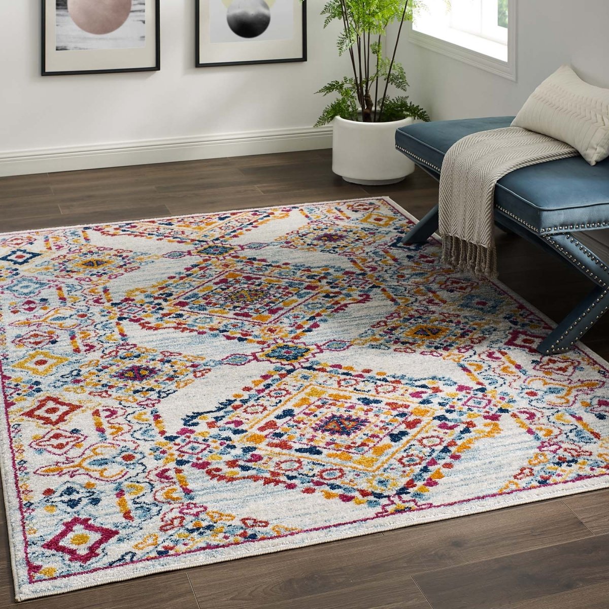 5x8 Ivory Blue Orange Yellow Red Distressed Floral Lattice Polypropylene Area Rug - Mats and Rugs - Alpine Outlets