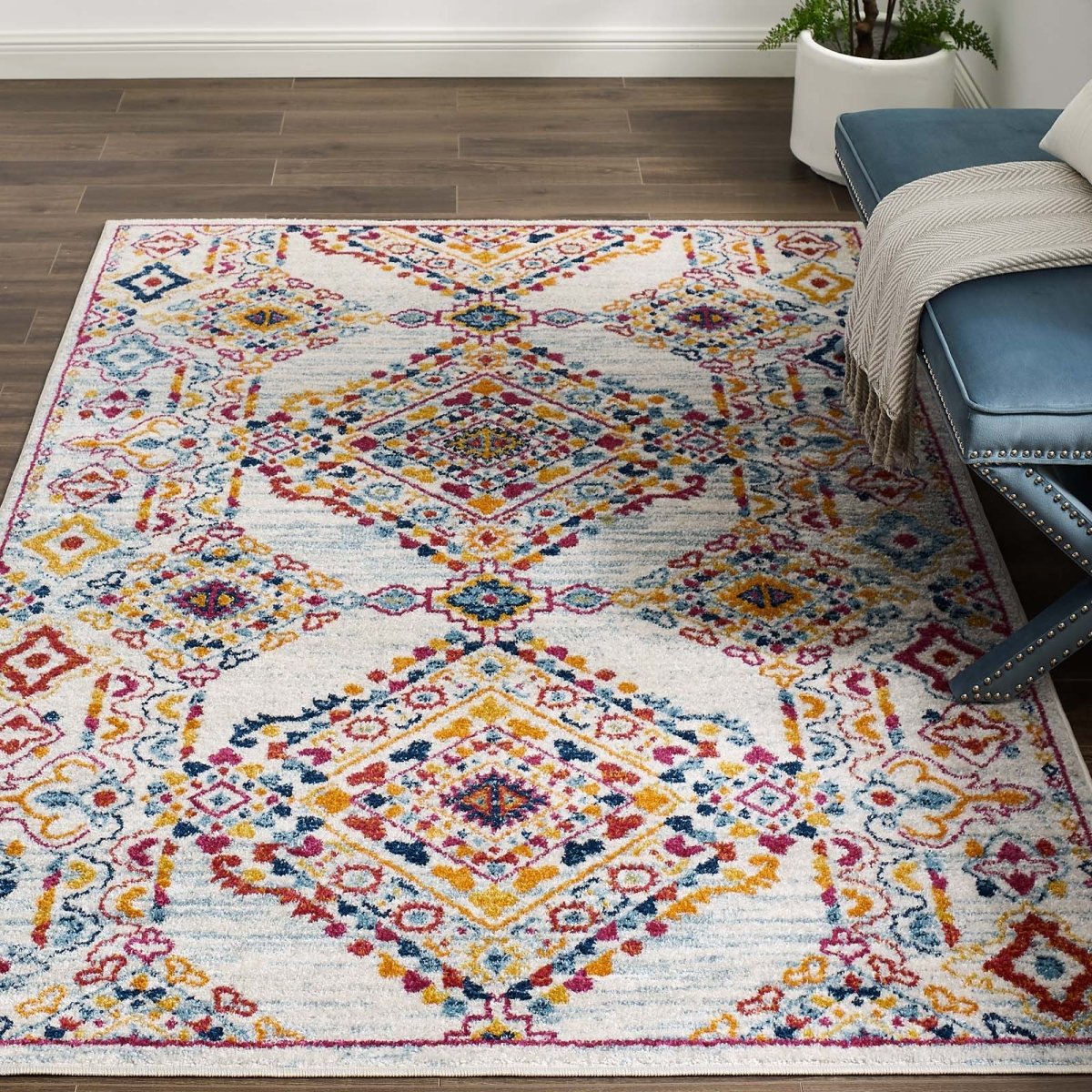 5x8 Ivory Blue Orange Yellow Red Distressed Floral Lattice Polypropylene Area Rug - Mats and Rugs - Alpine Outlets