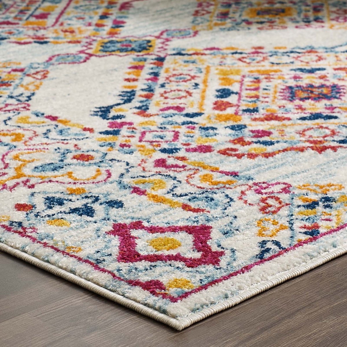 5x8 Ivory Blue Orange Yellow Red Distressed Floral Lattice Polypropylene Area Rug - Mats and Rugs - Alpine Outlets