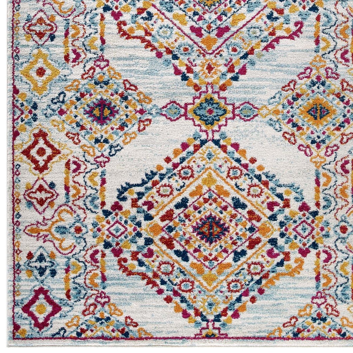 5x8 Ivory Blue Orange Yellow Red Distressed Floral Lattice Polypropylene Area Rug - Mats and Rugs - Alpine Outlets