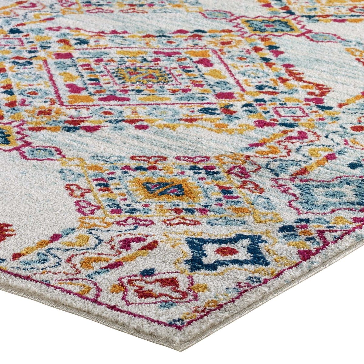 5x8 Ivory Blue Orange Yellow Red Distressed Floral Lattice Polypropylene Area Rug - Mats and Rugs - Alpine Outlets