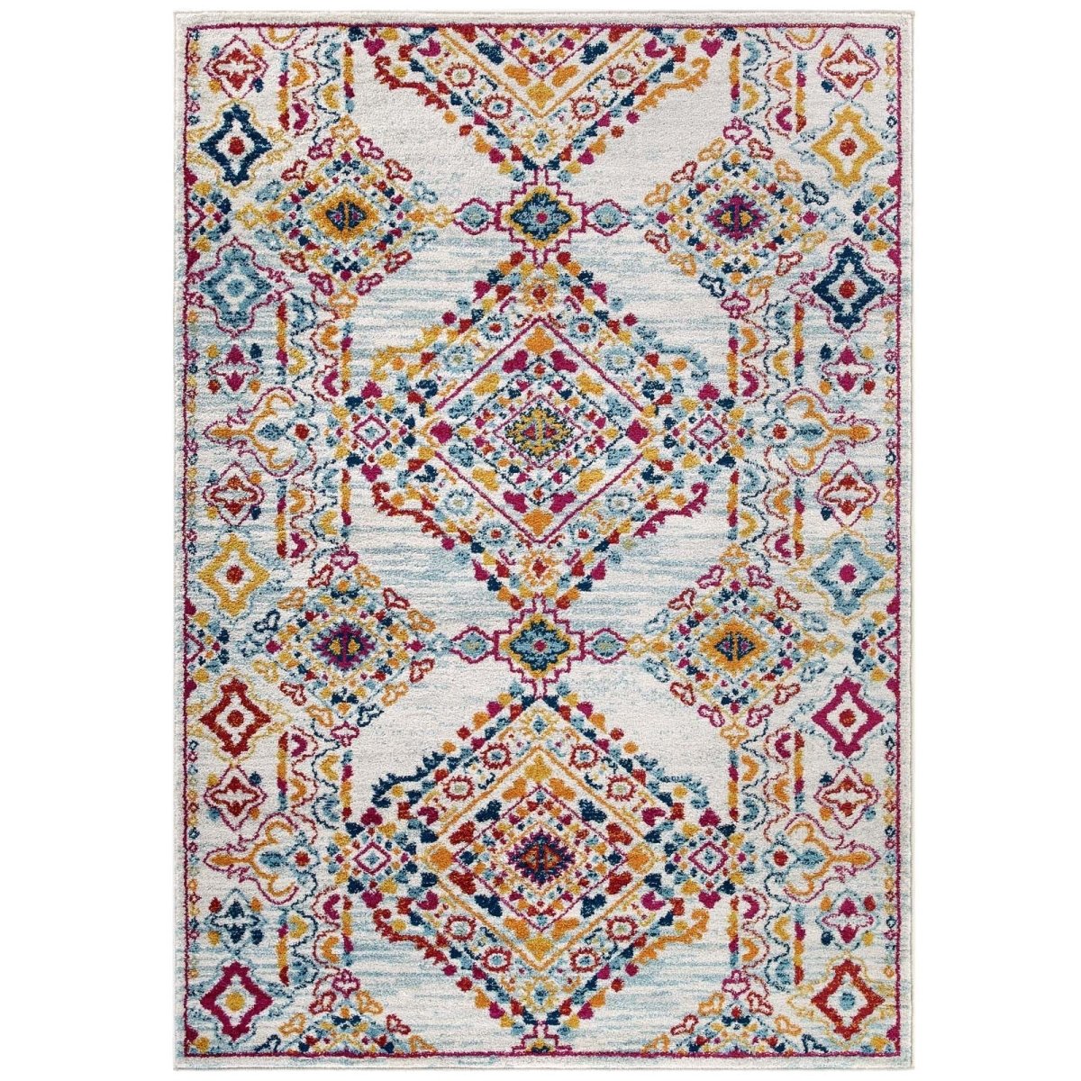 5x8 Ivory Blue Orange Yellow Red Distressed Floral Lattice Polypropylene Area Rug - Mats and Rugs - Alpine Outlets