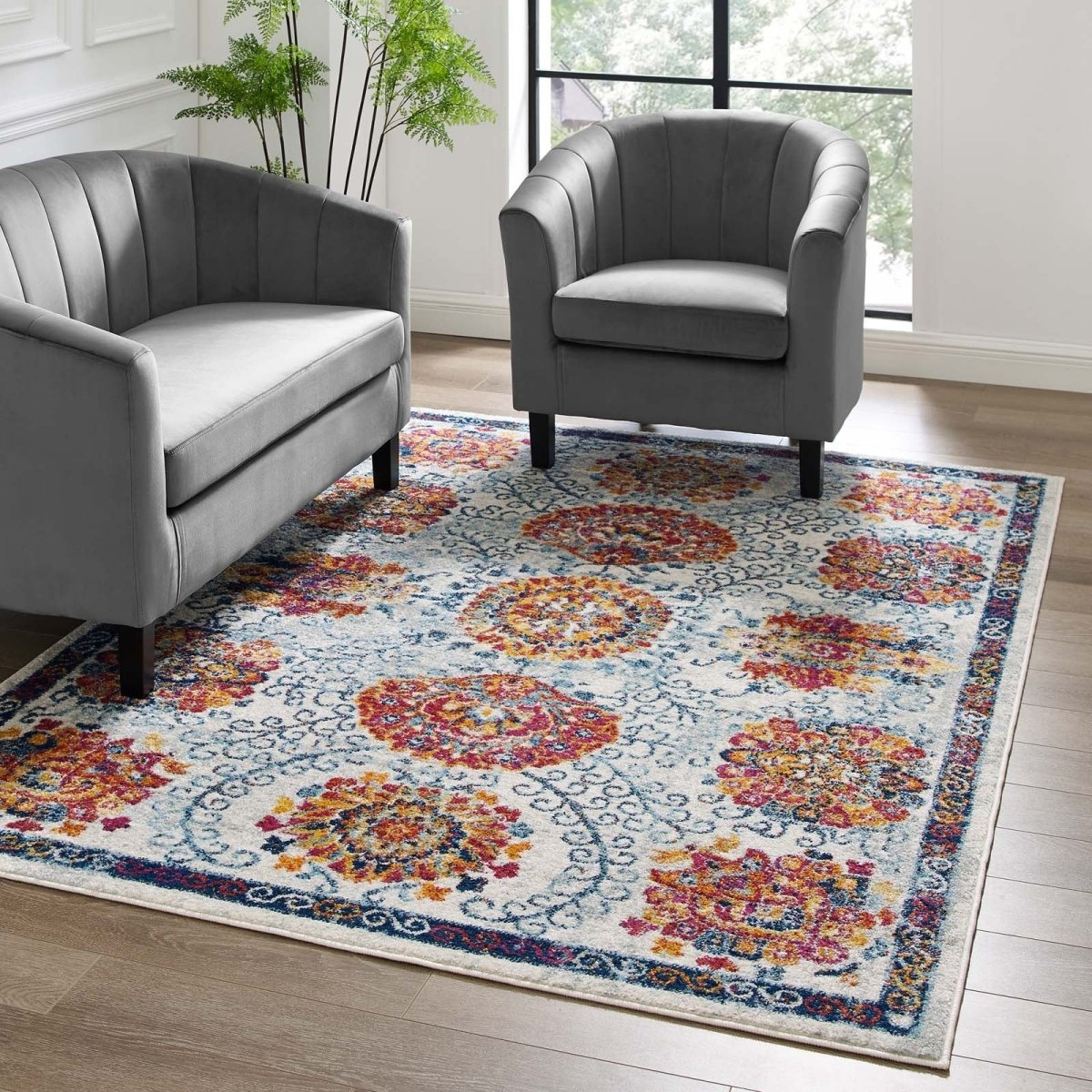 5x8 Ivory Blue Red Orange Yellow Distressed Floral Moroccan Trellis Area Rug - Mats and Rugs - Alpine Outlets