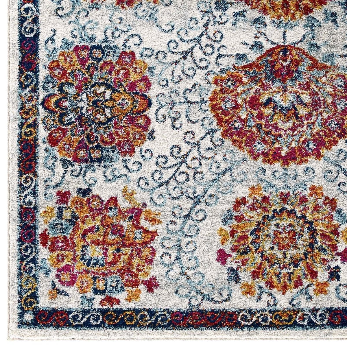 5x8 Ivory Blue Red Orange Yellow Distressed Floral Moroccan Trellis Area Rug - Mats and Rugs - Alpine Outlets