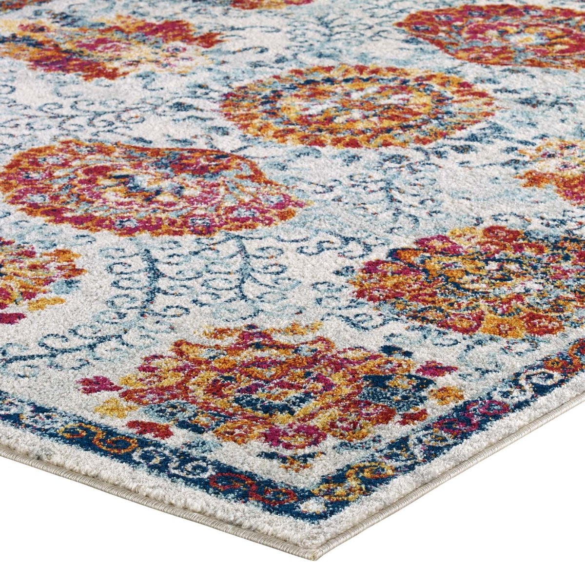 5x8 Ivory Blue Red Orange Yellow Distressed Floral Moroccan Trellis Area Rug - Mats and Rugs - Alpine Outlets