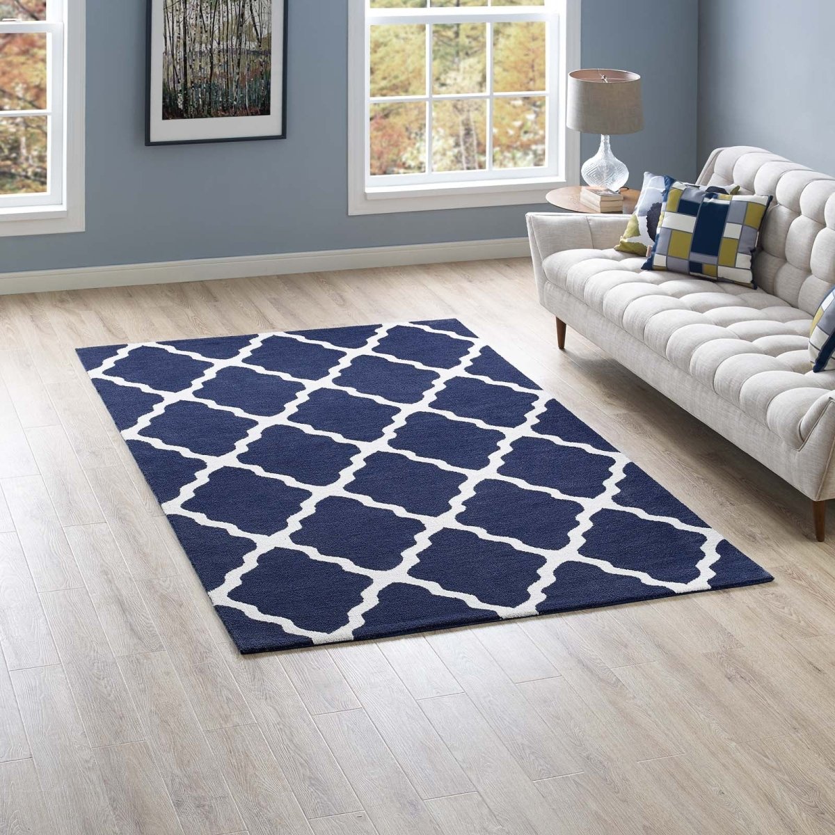5x8 Navy and Ivory Moroccan Trellis Polyester Area Rug - Mats and Rugs - Alpine Outlets