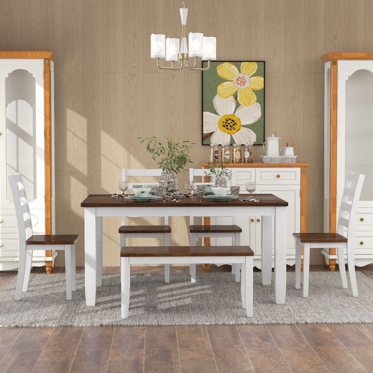 6 Piece Dining Set With 4 Upholstered Chairs & Bench - Walnut - 6 Piece Dining Room Sets available at Alpine Outlets in Denver